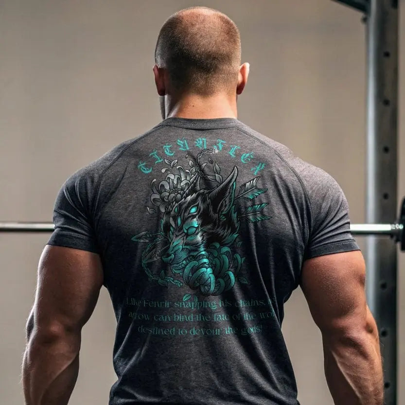 TitanFlex Strength Wear T-Shirt Men’s Gym T-Shirt – Fenrir & Arrows | Nordic Wolf Workout Shirt Men’s Gym T-Shirt – Fenrir & Arrows | Nordic Wolf Workout Shirt. Modern Viking bodybuilder